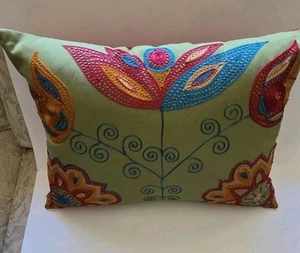 Pier 1 Imports Green Floral Embroidered Lumbar Decorative Throw Pillow - Picture 1 of 6