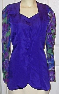 Ladies S GORGEOUS DRESSY TOP Fitted Purple w/Sheer Floral Sleeves Free Ship - Picture 1 of 6