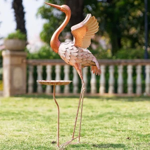 Crane Statue Birdbath Heron Statue Metal Yard Art Backyard Porch Pool Decoration - Picture 1 of 9