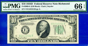 1934D $10 Federal Reserve Note PMG 66EPQ top pop finest known Richmond Fr 2009-E - Picture 1 of 3