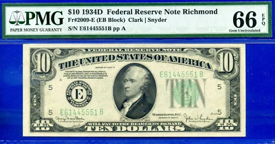 1934D $10 Federal Reserve Note PMG 66EPQ top pop finest known Richmond Fr 2009-E - Image 1 of 3