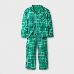 Cat & Jack Boys Poly Brushed Micro Jersey Green Plaid 2 Piece Pajamas PJ Set, XS - Picture 1 of 1