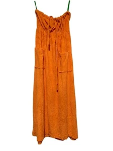 Vintage 70s Orange Terry Cloth Strapless Dress Front Pockets Slits USA Medium - Picture 1 of 6