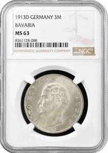 Bavaria 3 mark 1913 D, NGC MS63, "King Otto I (1886 - 1913)" silver coin - Picture 1 of 2