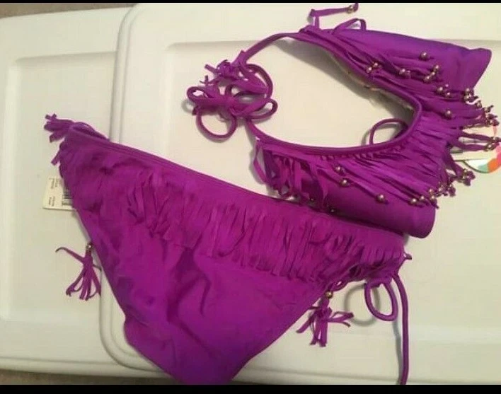 Junior Girls Raisins Purple Size L-Large Bikini Fringe Gold Beads Top Tie Sides