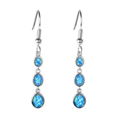 Awesome New Silver Plated Blue Resin Fire Opal Triple Oval Hook Dangle Earrings - Image 1 of 2