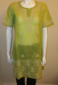 New India Chikan Lucknow 100% Cotton Ethnic Kurta Kurti Women Ladies Green Top  - Picture 1 of 10