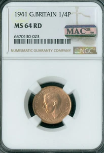 1941 GREAT BRITAIN FARTHING NGC MS64 RD PQ 2ND FINEST MAC SPOTLESS * - Picture 1 of 4