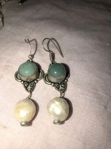 Argento earrings orecchini Giada Cabochon pietre Dure Naturali E Perle - Foto 1 di 6