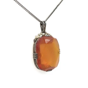 835 Silber Collier Bernstein Anhänger vintage Schmuck 45.5 Halskette Amber Chain - Picture 1 of 11