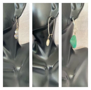 925 Sterling Silver Set Of 3 Earring Natural Flat Pearl, Turquoise, Crystal. - Picture 1 of 9