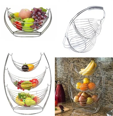 Chrome Fruit Basket Vegetable Swinging Bowl 1/2/3 Tier Rack Storage Stand Holder - Image 1 of 4