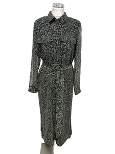 MINT VELVET GREEN & BLACK LEOPARD PRINT COLLARED LONG SLEEVE MIDI DRESS SIZE 16 - Picture 1 of 5