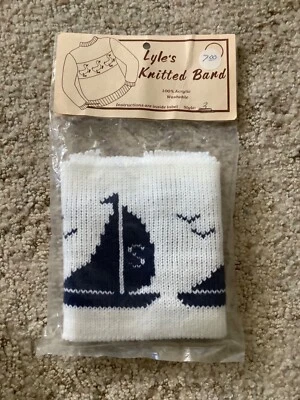LYLE’S KNITTED BAND Fabric For SWEATER Sail Boat w/Birds White w/Navy Blue #3 - Image 1 of 2