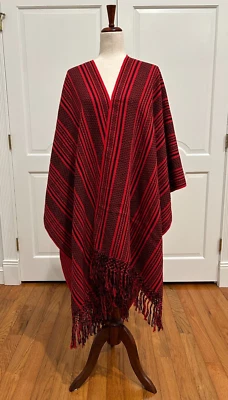 Traditional Pedal Loom Ruana from Oaxaca Mex. Mexican shawl, fringed vest!! - Image 1 of 4