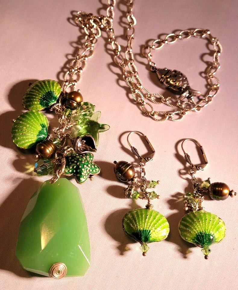 Зеленый берег тема ожерелье серьги, Swarovski, ракушки, жемчуг, уникальный.  - Изображение 1 из 4