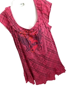 Vtg Rocker Girl Top Tee shirt Tunic Juniors XL True Love Pink Plaid Heart Y2K - Picture 1 of 5
