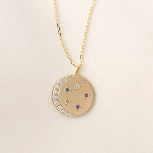 Simulated Crescent Moon With Birthstone Star Necklace In 10K Yellow Gold - Picture 1 of 6