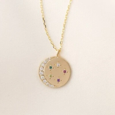 Simulated Crescent Moon With Birthstone Star Necklace In 10K Yellow Gold - Image 1 of 4