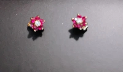 Vintage  ruby and diamond 14k Gold flower post stud earrings - Image 1 of 4