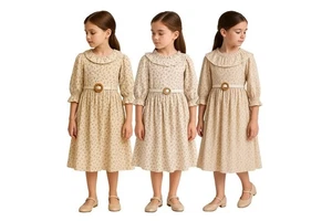Girls’ Vintage Floral Midi Dress with Ruffled Collar & Belt – Beige Occasion Wea - Picture 1 of 4