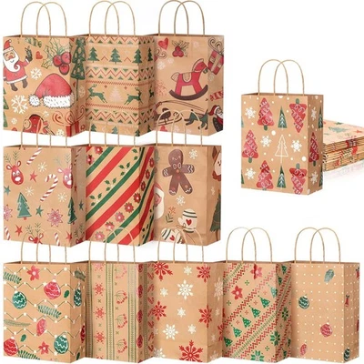 12 PIEZAS Bolsas de Regalo Kraft de Navidad Bolsas de Envoltura de Vacaciones Reutilizables con Asas Foto 1 de 4