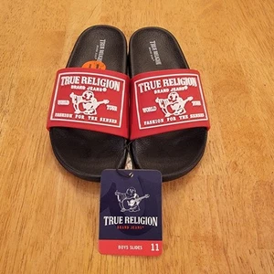 True Religion Kendrick Slides Boys Toddler Size 11 Buddha Logo Red Black Sandals - Picture 1 of 15