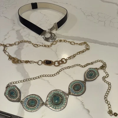 Lote Cinturón Chico's Cadena Oro Plata Bohemio Estrás Piedra Ajustable BONITO Foto 1 de 4