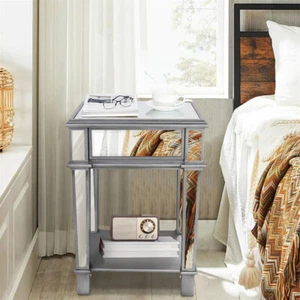 Mirrored End Table with Drawers & Shelf Glass Nightstand Accent Table Side Table - Picture 1 of 12