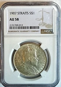 1907 Straits Settlements Dollar, NGC AU58, Edward VII - White w/Original Luster - Picture 1 of 4
