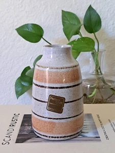 Vintage MCM Tan Peach Striped Vase Pottery Craft USA 6" Neutral Decor  - Picture 1 of 5
