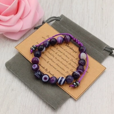 PURPLE SARDONYX Adjustable Bracelet Handmade Crystal Healing Gemstone 8mm. - Image 1 of 4