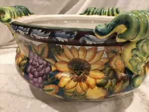 DECORATIVE BOWL 14"Wide WITH Flowers Grapes MOTIF &3 Handles HOUSEWARES INTER. - Picture 1 of 7