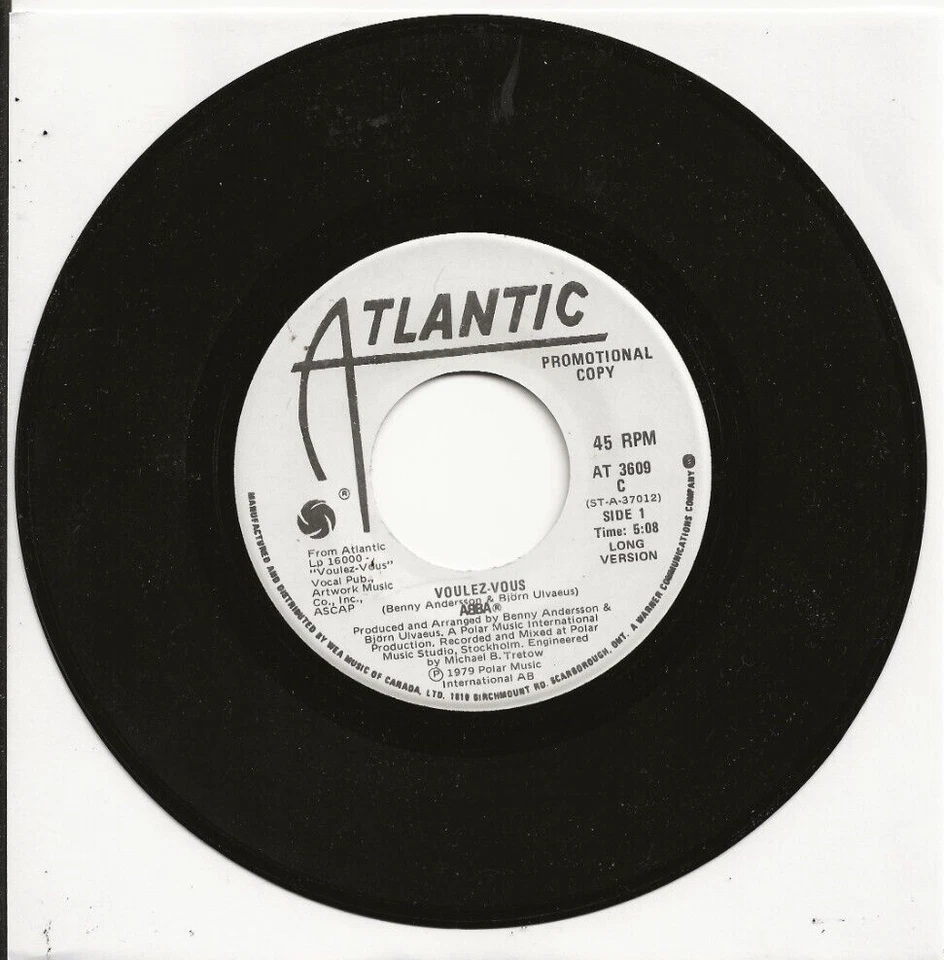 ABBA VOULEZ-VOUS 2 VERSIONS VERY RARE WHITE LABEL CANADA PROMO SINGLE FROM 1979 - Image 1 of 1
