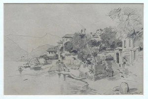 Lago de Como Tremezzo dibujo firmado Anton Engelhard 1898 - Imagen 1 de 2