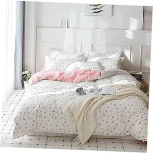 Pink Floral Comforter Set Queen Size, 3pc White Farmhouse Flowers Leaves - Picture 1 of 7