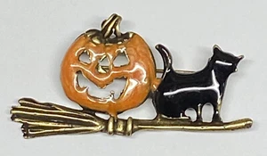Halloween Jack-O-Laterne & schwarze Katze auf Hexen Brosche Anstecknadel Ameise Goldplatte NEU - Bild 1 von 5
