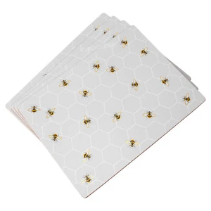 Set of 4 Placemats Grey Geometric Busy Bees 29cm Cork Dining Table Setting Mats - Picture 1 of 4