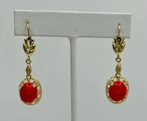 VINTAGE 18KT Gelbgold rote Koralle Ohrhänger natürliches Navaho 4 Karat - Bild 1 von 7