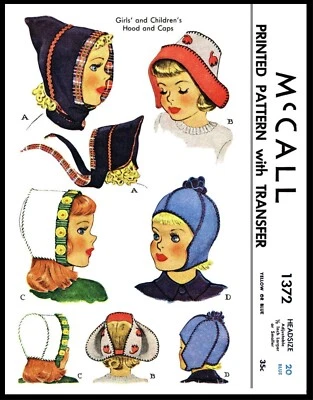 McCall #1372 Fabric Sewing PATTERN Hood Hats BABY Toddler 21" or 20" Head 1940's - Image 1 of 4