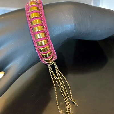 Deepa Gurnani Designer Pink Suede Rhinestone GoldTone Stud Fringe Bracelet 7.5” - Image 1 of 4