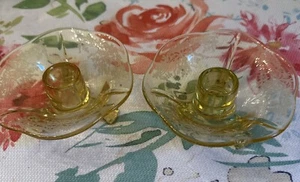 FOSTORIA JUNE YELLOW CANDLESTICKS PAIR 2” - Picture 1 of 5