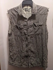 Twenty One Mens Large Yellow Checked Sleeveless Snap Front Shirt - Picture 1 of 9
