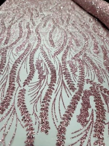 Pink Tulle Glitter Design Dusty Rose Rhinestones Glitter Lace Fabric By Yard - Picture 1 of 12