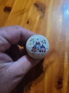 2 Vintage Porcelain Drawer Pulls With Houses On Face 1.5" Diameter - Picture 1 of 5