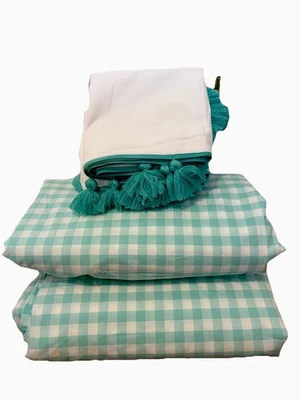 Pottery Barn Teen Aqua Turquoise Gingham Pair Of Duvet Covers With Tassel Pillow - Image 1 of 4