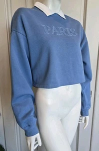 Forever 21 Sweatshirt weiß Kragen Cropped blau Paris bestickt Gr. L - Bild 1 von 5