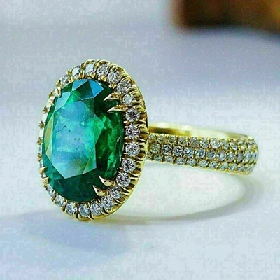 3Ct Oval Cut Emerald Women Halo Wedding Ring Lab-Created 14K Yellow Gold Plated - Image 1 of 4