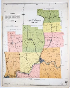 1941 TIOGA County NEW YORK Map ORIGINAL (20x16) Owego Waverly Candor - Picture 1 of 3