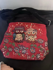 Vintage Owl Tapestry Shoulder Bag Crossbody Purse Red Floral Boho - Picture 1 of 3